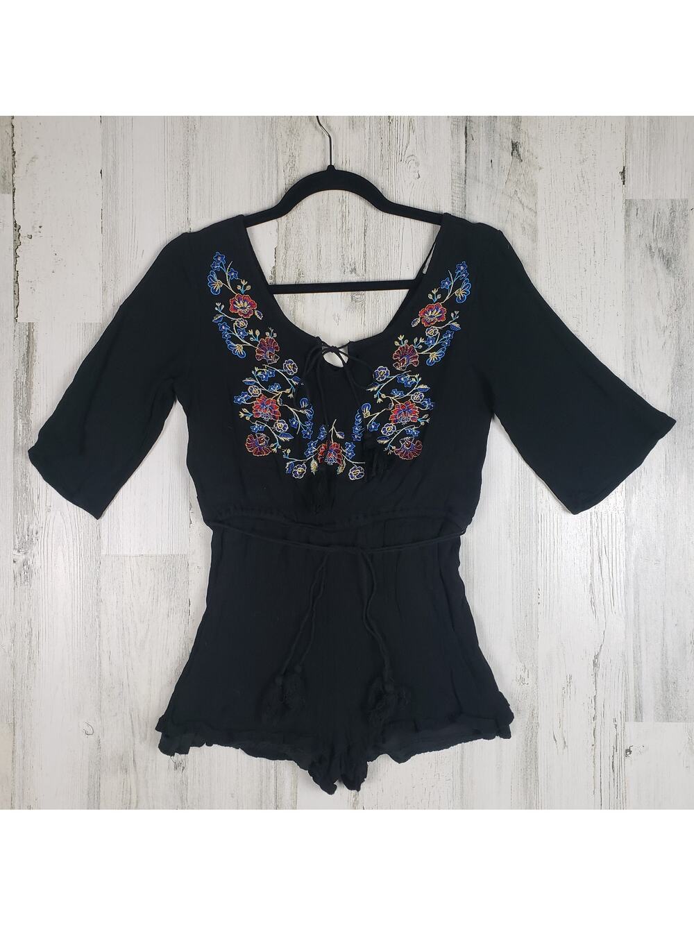 Rebellion Black Embroidered Bell Sleeve Romper S